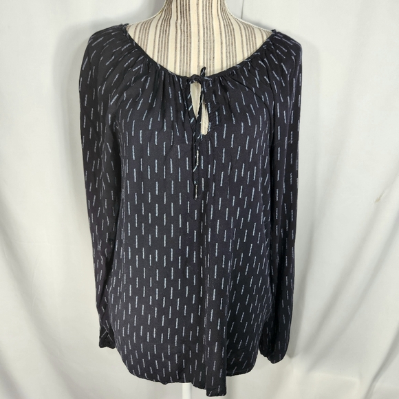 Justliving Black w/Grey Dash Print Long Sleeve Tie Neck BOHO Peasant Top Medium - Picture 1 of 7